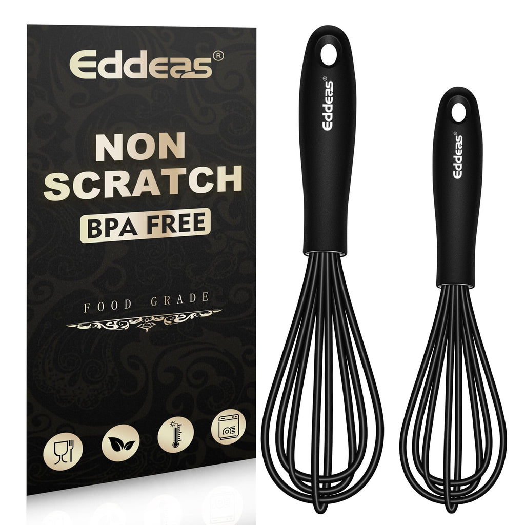 Eddeas Silicone Mini Whisk, Small whisks Non-Stick Tiny Whisks set of 2（5.5in & 7.5in）-Heat Resistant (450°F) Whisks, Balloon Egg Beater Perfect for Whisking, Beating, Mixing, Blending, Black