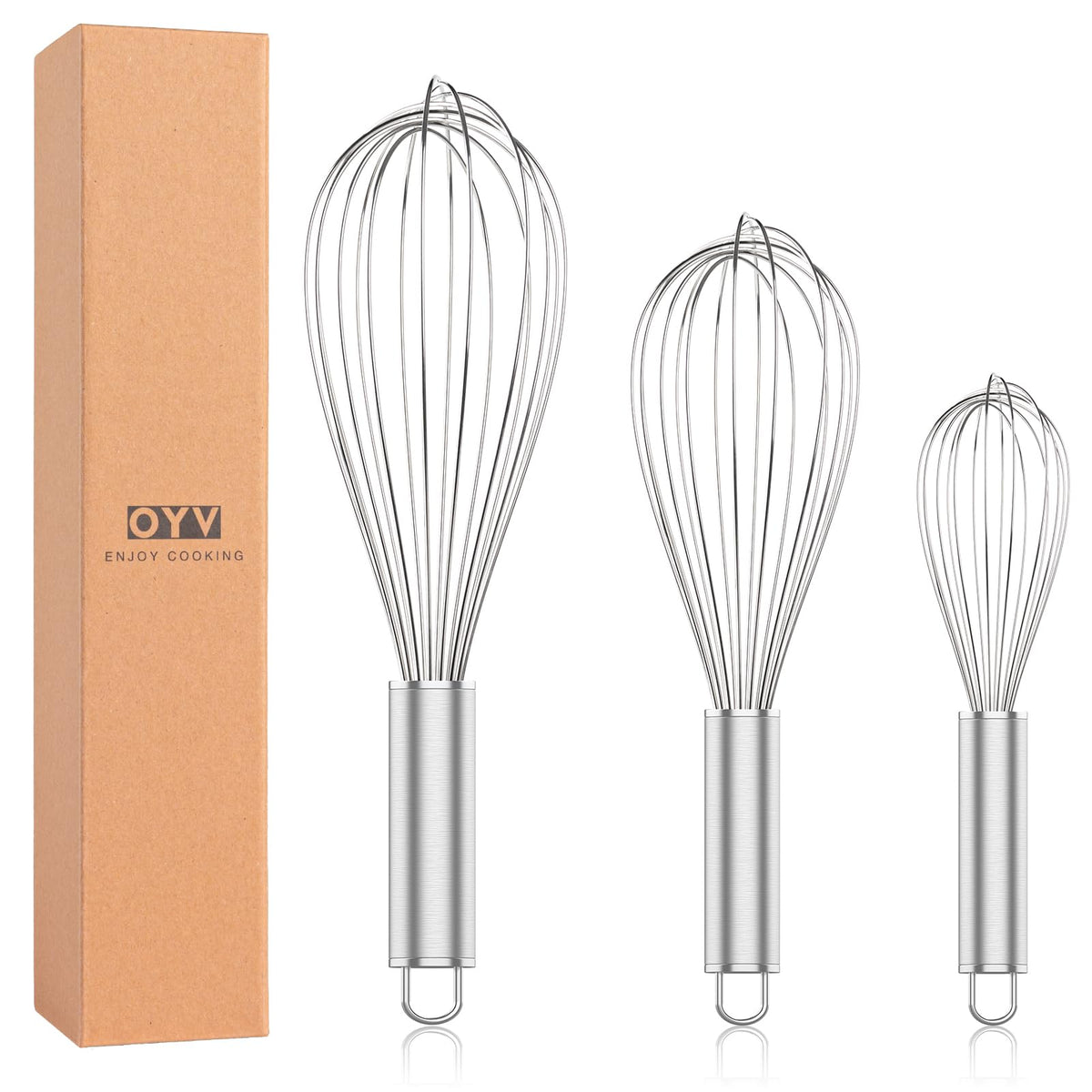 OYV White Silicone Whisk Set of 3, 8/10/12 Inch, Non-Scratch