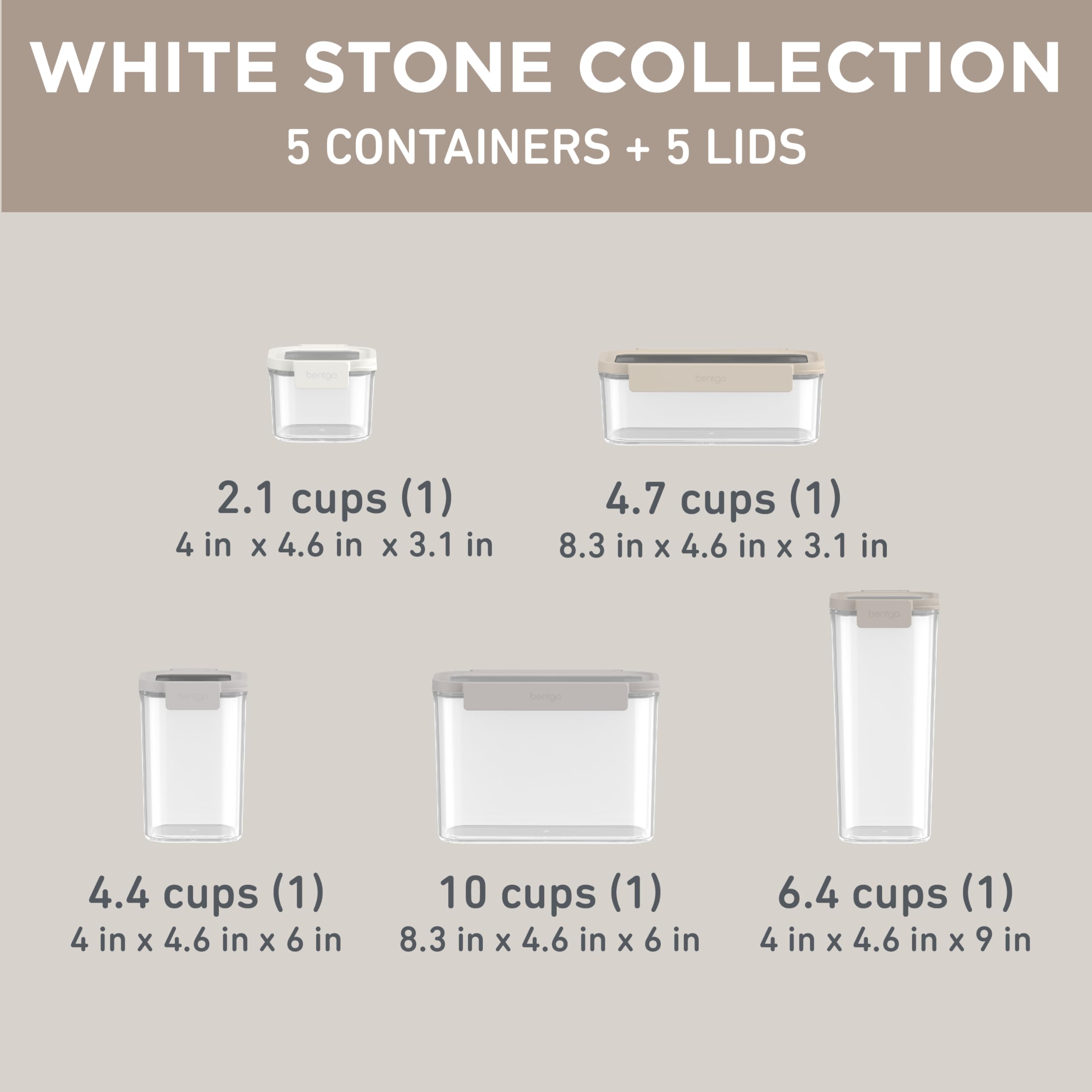 Bentgo Pantry - 10-Piece Airtight Food Storage Containers, Clear, Stackable Kitchen & Pantry Organization, Locking Lids for Freshness, BPA-Free Plastic - Ideal for Sugar, Flour, & More (White Stone)