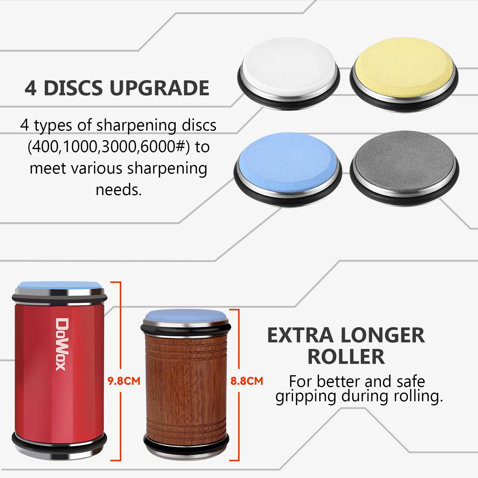 DOWOX Longer Rolling Knife Sharpener with Leather Strop, Upgraded Rolling Knife Sharpening with 4 Degree Angle and 4PCS Replaceable Honing Discs, Easy to Sharpen Ktichen Knives, Red, DW-RS2-Red