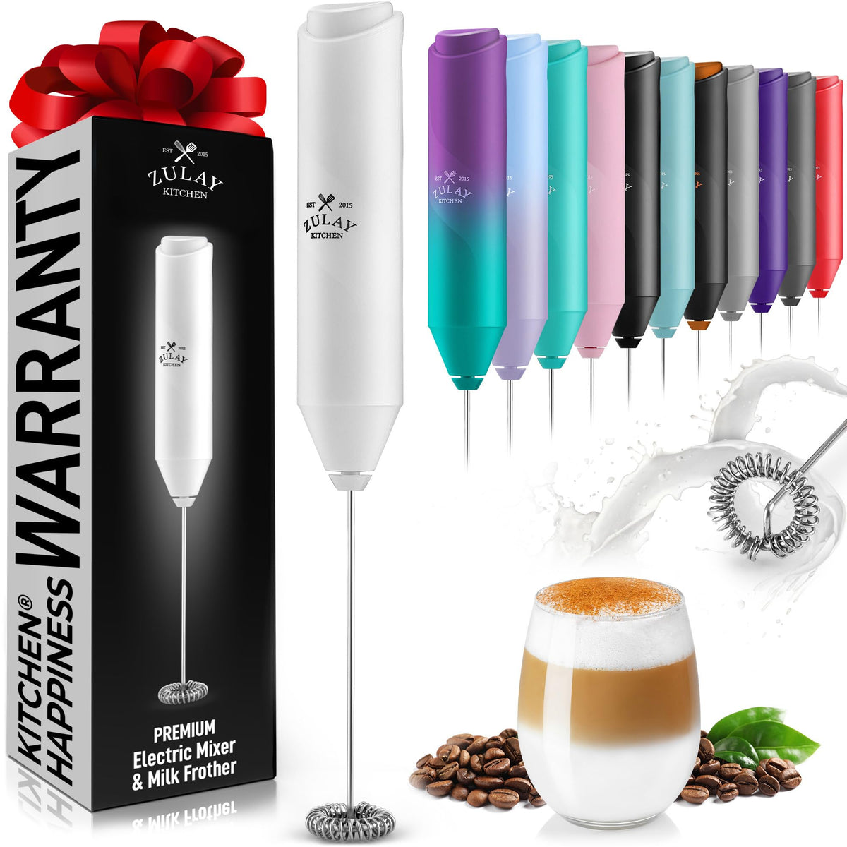 Zulay Kitchen Powerful Milk Frother Wand - Handheld Stainless Steel - Battery Operated Drink Mixer for Coffee, Lattes, Cappuccino, Matcha - Froth Mate Frother Gift - Cool Tide