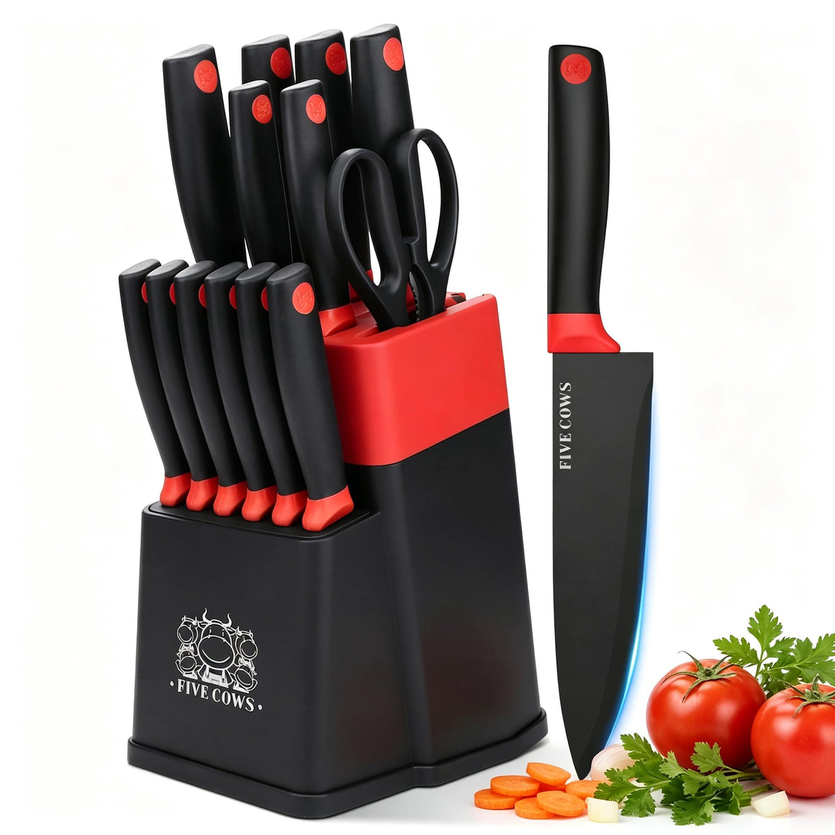 14 Pcs Kitchen Knife Block Set with Sharpener German High Carbon Stainless Steel Chef Knives, Razor-Sharp & Durable, Lightweight Anti-Slip Handle, Professional Set for Home & Kitchen (Red)