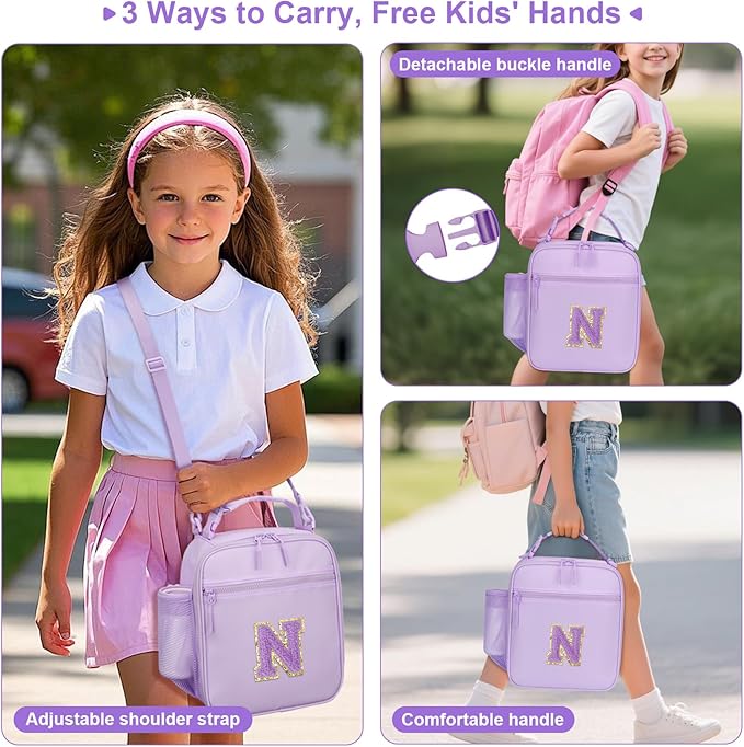 Initial Insulated Lunch Bag for Girls Kids, Back to School Gift, Reusable Leak-proof Lunch Box with Adjustable Strap for School Daycare Travel Picnic (Purple,N)