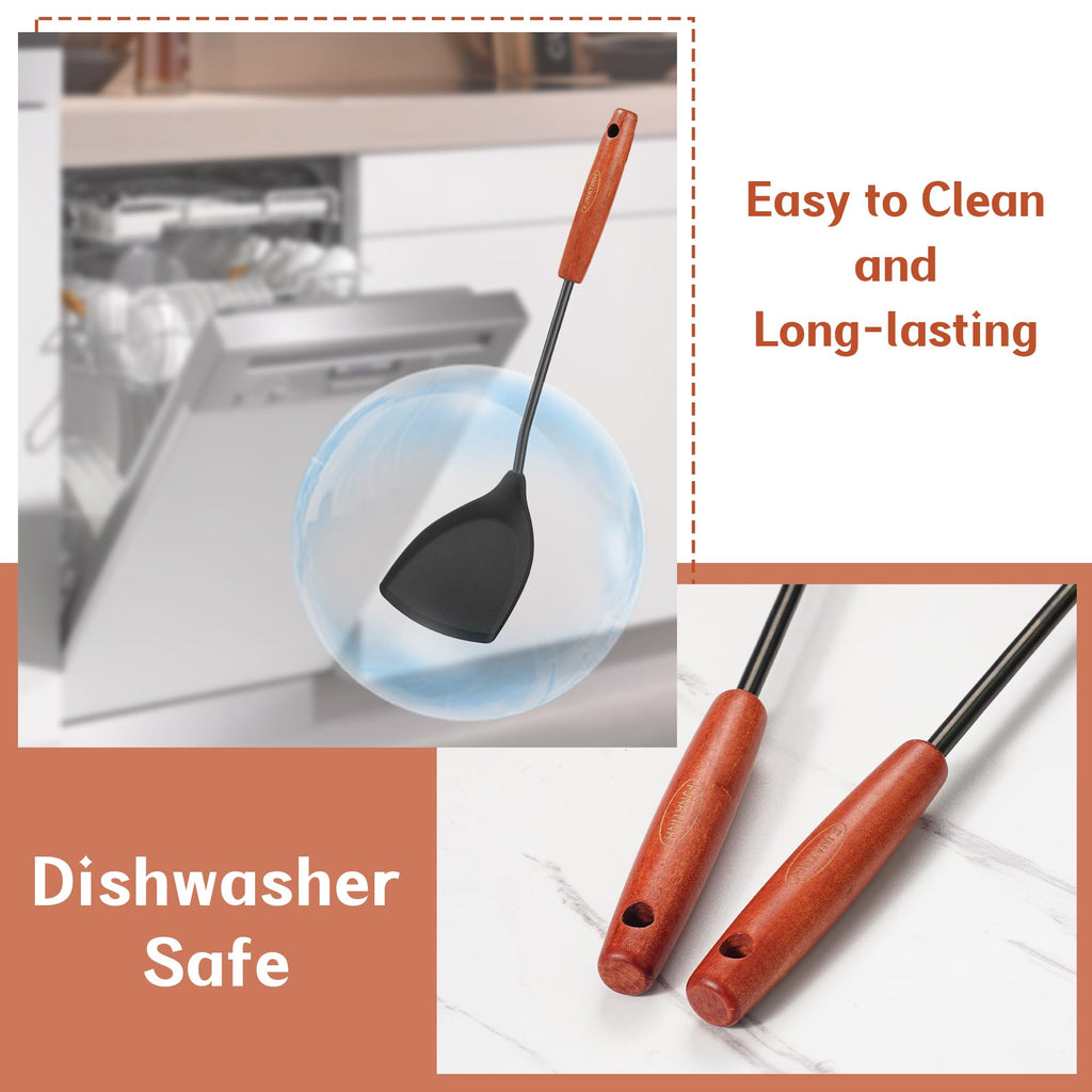 FJNATINH Silicone Wok Spatula and Ladle Tool Set,Non Stick Heat-Resistant Stainless Steel Cooking Utensils BPA Free Kitchen Utensils Cookware, Pack of 2,Black
