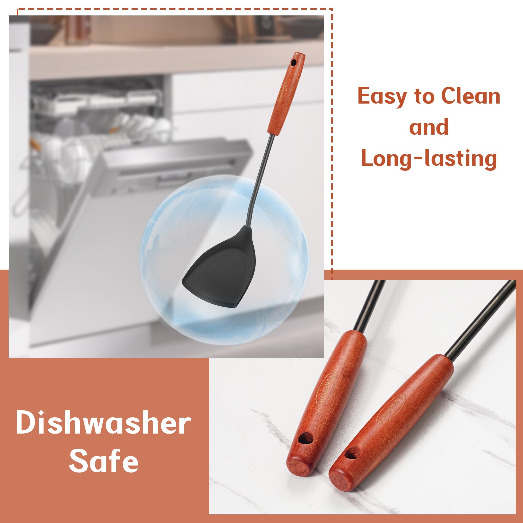 FJNATINH Silicone Wok Spatula and Ladle Tool Set,Non Stick Heat-Resistant Stainless Steel Cooking Utensils BPA Free Kitchen Utensils Cookware, Pack of 2,Black