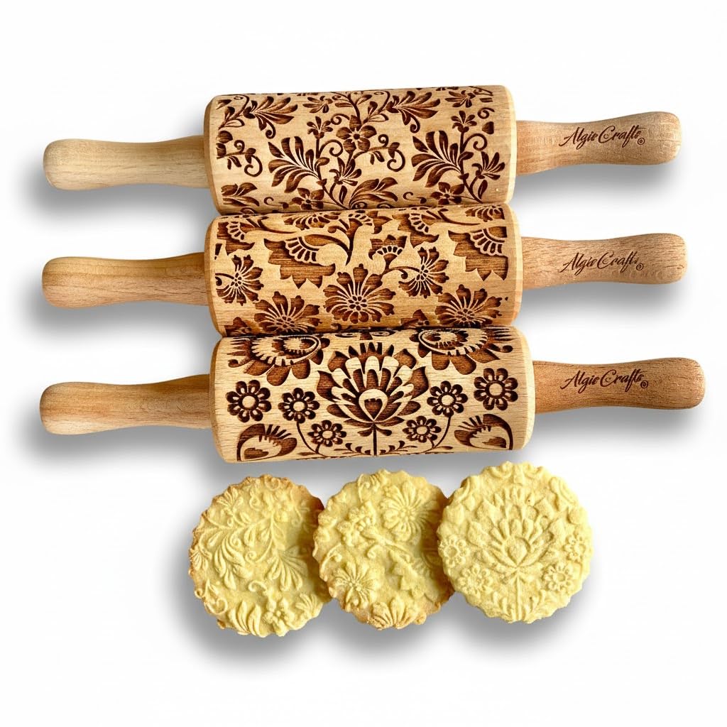 SEASONS 3 Mini Embossed Rolling Pin Set. Wooden Laser Cut Mini Rolling Pins for cookies or clay with spring flowers, tulips, daffodils, strawberries, raspberries, birch, trees by Algis Crafts