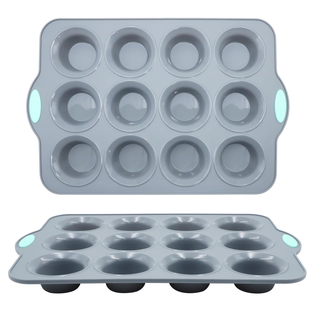 To encounter 8 in 1 Silicone Baking Set - 6 Cake Molds - 2 Silicone Baking Mat, Nonstick Cookie Sheet, Cake Muffin Bread Pan with Grips and Metal Reinforced Frame More Strength, Navy Blue