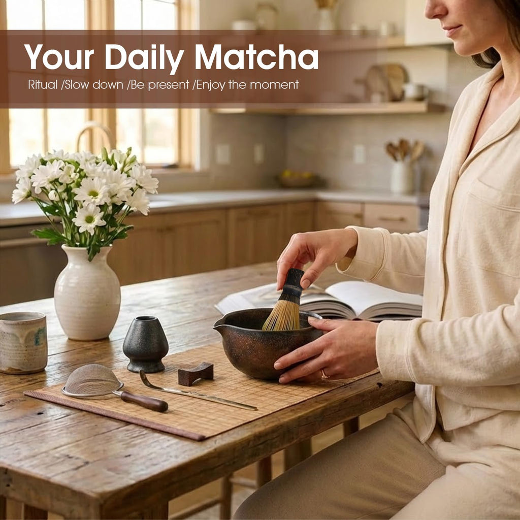 GleeNflux 7-Piece Matcha Whisk Set with Handmade Bowl & Purple Bamboo Whisk