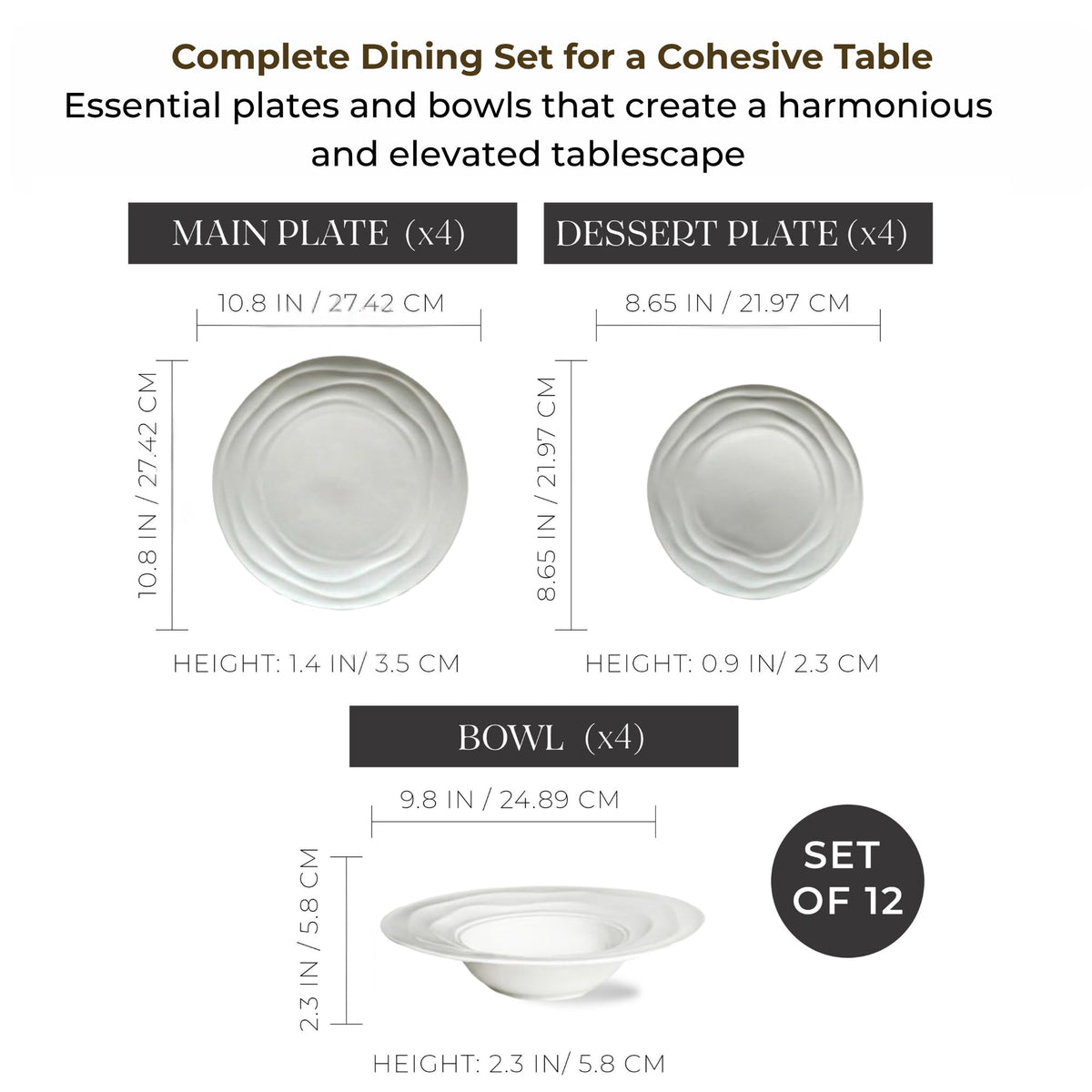 Pots & Patterns Organic Wave Dinnerware Set, 12-Piece Nature-Inspired Porcelain Dinner Plates & Bowls Set for 4, Wide Rimmed Pasta Bowls, Modern White Dishes for Hosting, Dishwasher & Microwave Safe