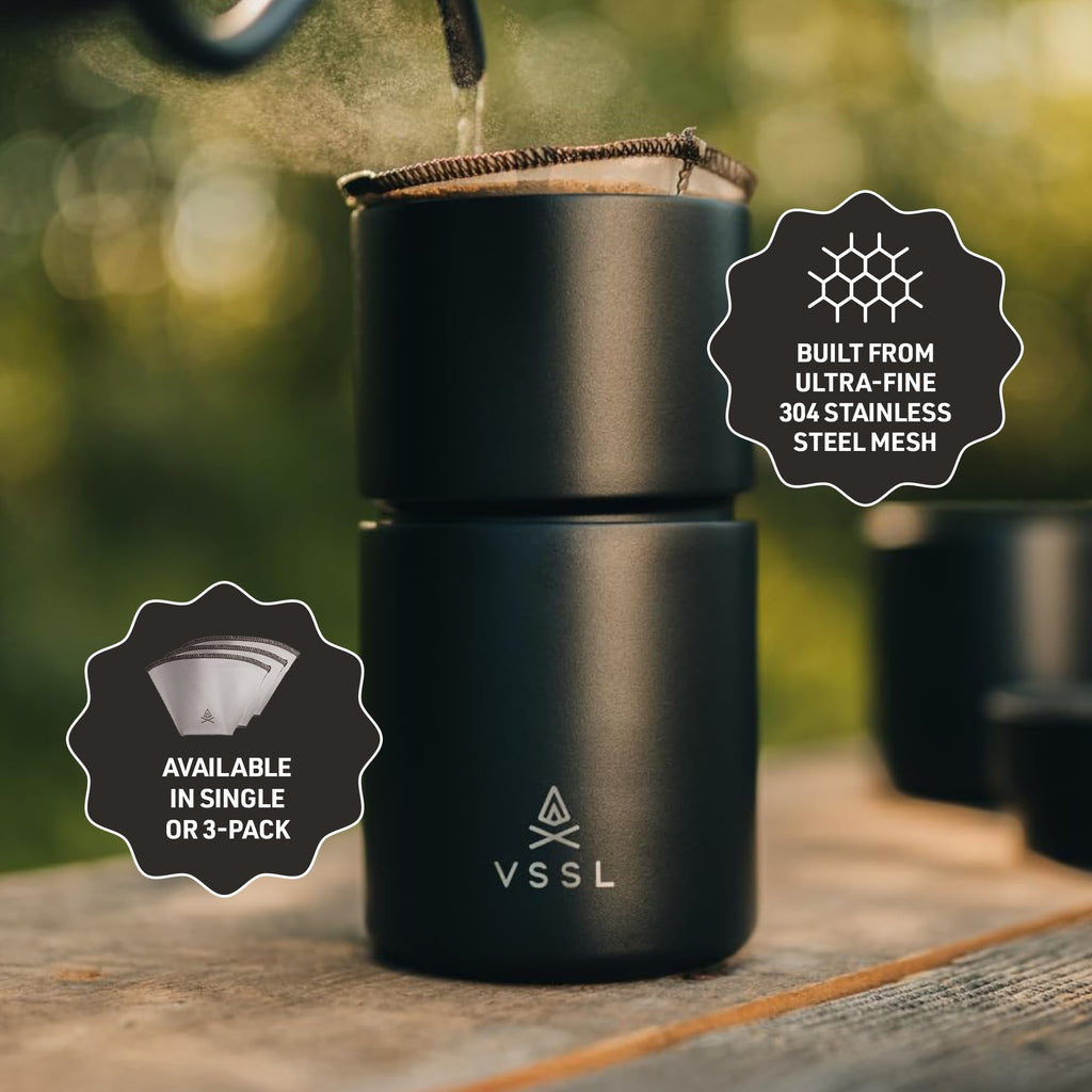 VSSL – Nest #1 Reusable Coffee Filter | Stainless Steel Mesh Filter | Pour Over Filters for Camping | Sustainable & Eco-Friendly Coffee Gear | Compact, Durable & Adventure Ready | Pack of 3