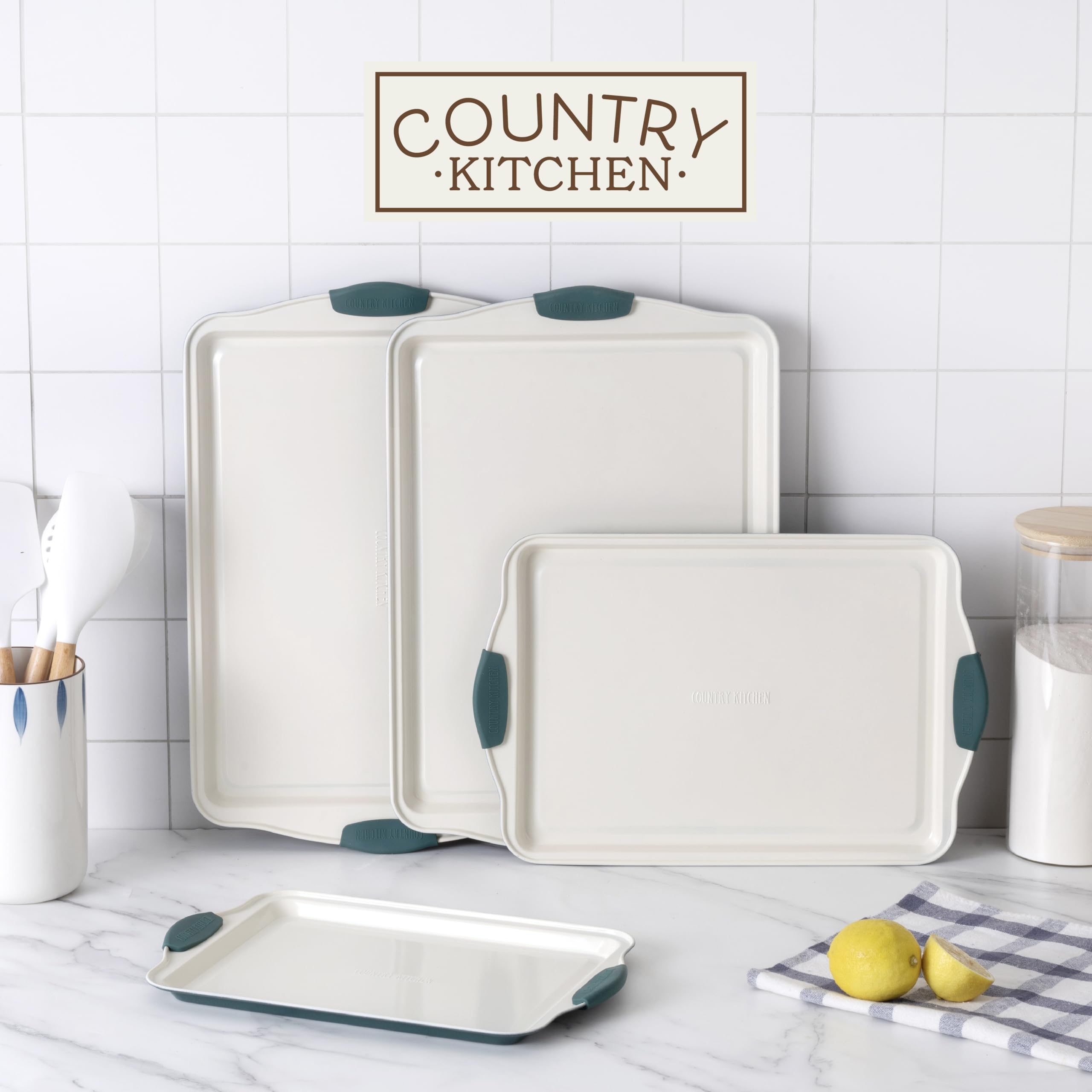 Country Kitchen Nonstick Stackable Bakeware Set - Heavy Duty, Durable, Easy Release Baking Set, Sage, 4 Pcs