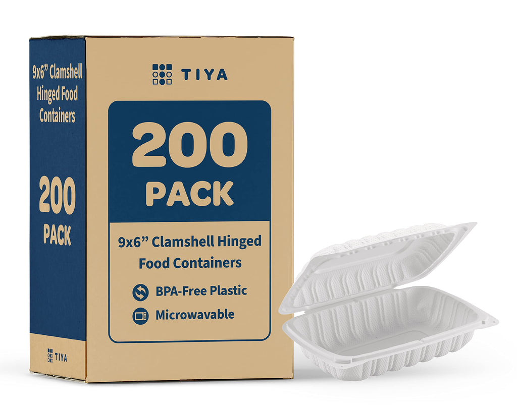 TIYA Clamshell Food Containers - White Bulk 200 Pack, 9x6 in - BPA-Free Mineral-Filled To-Go Containers - Reusable, Microwavable, Hinged, Tall Takeout Clamshells - Great for Meal Prep