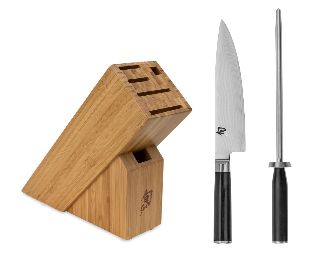 Shun Classic 3 Piece Build-A-Block Set, Includes 8" Chef's Knife, Honing Steel and Block, Handcrafted Japanese Knife Set, Damascus Stainless Steel Cladding, Pakkawood Handle