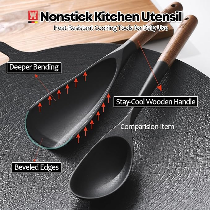 Silicone Long Head Cooking & Serving Spoon with Wooden Handles: Multi-Functional Design, Silicone Rounded Spatula for Mixing, Scoop, and Scrape, Great for Stir Frying