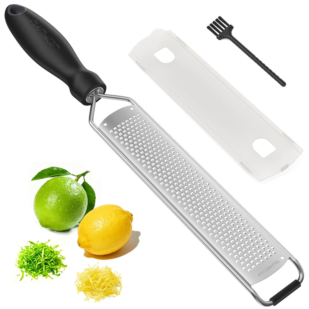 Zester Grater, Lemon Zester Grater with Handle, Premium Stainless Steel Citrus Zester for Parmesan, Garlic, Chocolate, Ginger, Non-Slip Grip, Safety Cover & Cleaning Brush, Black