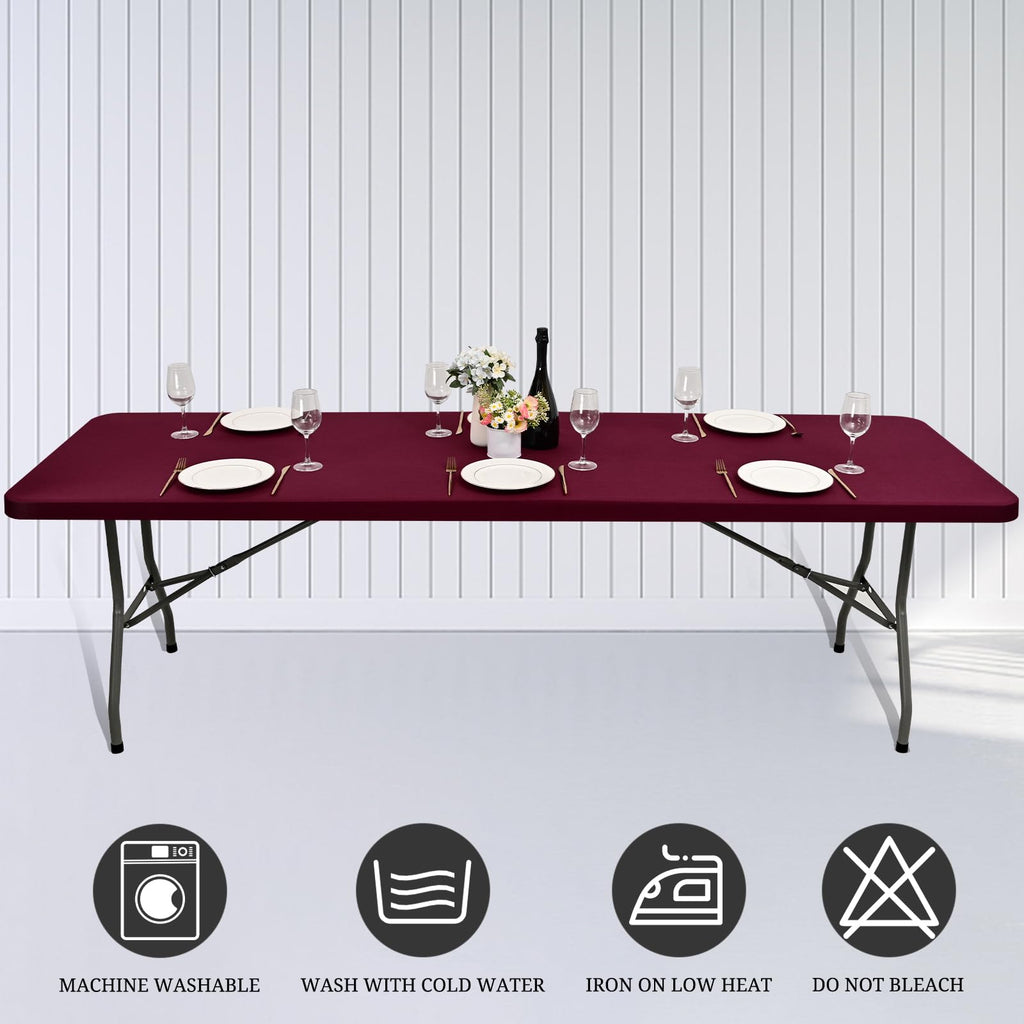 REWOMC 6 Pack Stretch Fabric Table Top Cap Cover, fits 8' Tables, Spandex Table Covers Washable Elastic Rectangle Tablecloth Protector for Indoor Outdoor Party Picnic Wedding, Wine Red, 30" W x 96" L