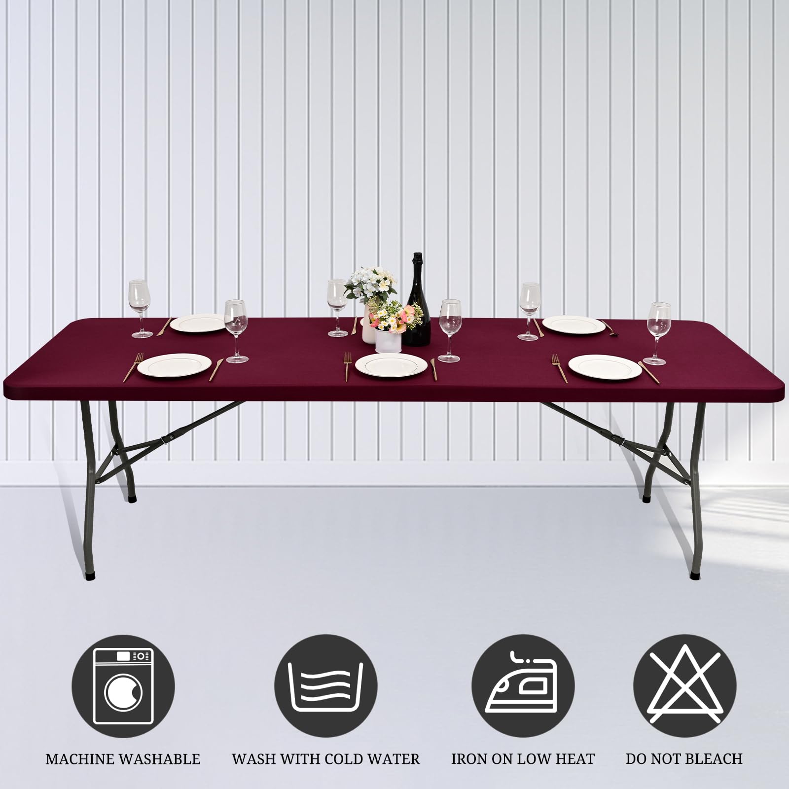 10 Pack Fitted Tablecloth for 8 Foot Rectangle Tables, Wine Red Elastic Outdoor Picnic Table Cover, Washable Stretch Folding Table Cloths 8 ft for Camping Party Patio Kitchen Banquet, 30" W x 96" L