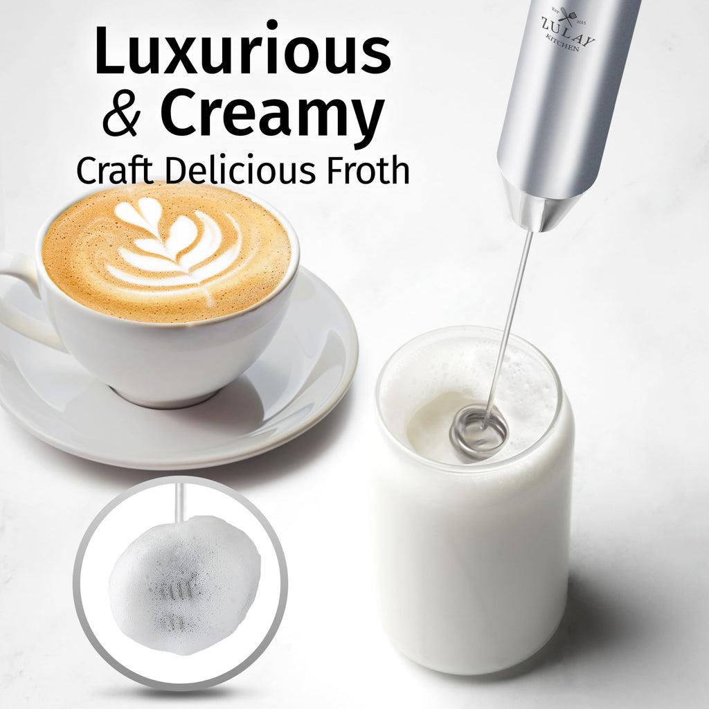 Zulay Kitchen Rechargeable Milk Frother Handheld - Frother Wand, Drink Mixer, Electric Whisk Frother, for Cappuccinos, Matcha & Protein Powder - Lux Double Whisk 2 Speed Waterproof 2000mAh Silver