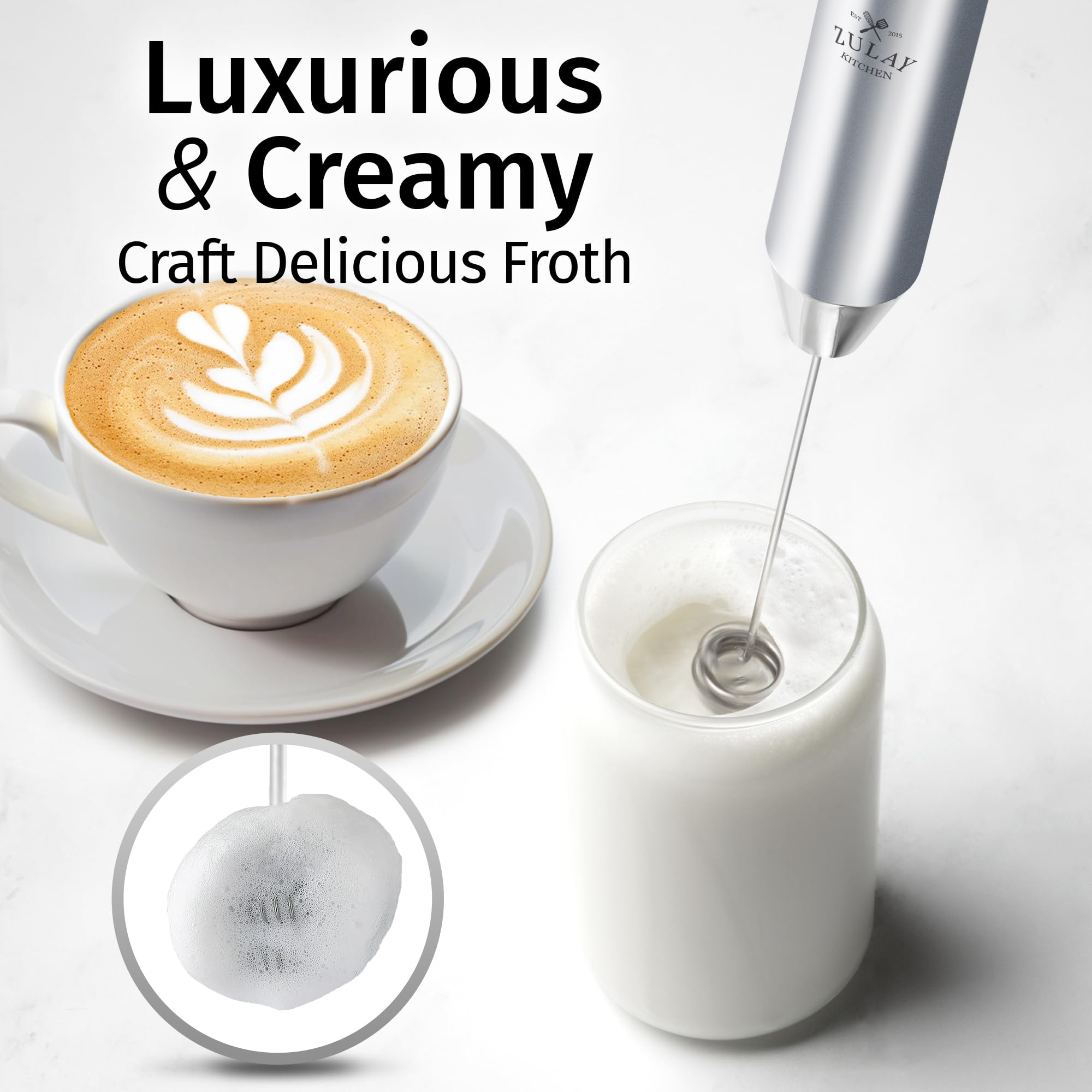 Zulay Kitchen Rechargeable Milk Frother Handheld - Frother Wand, Drink Mixer, Electric Whisk Frother, for Cappuccinos, Matcha & Protein Powder - Lux Double Whisk 2 Speed Waterproof 2000mAh Silver