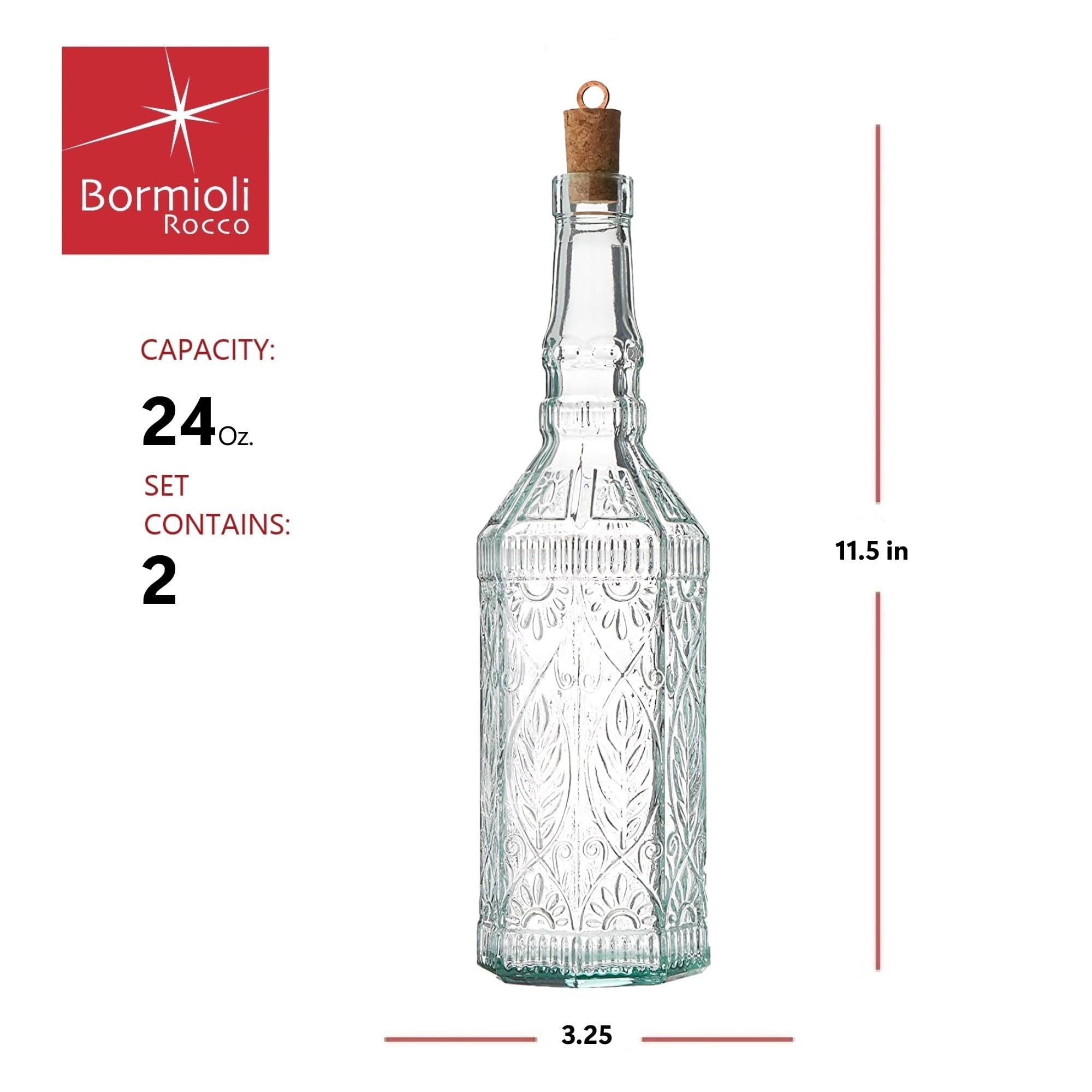 Bormioli Rocco Country Home Fiesole Bottles - Set of 2, 24 oz Decorative Glass Containers with Stopper for Water, Oil & Vinegar Storage - Italian Glassware for Kitchen & Dining