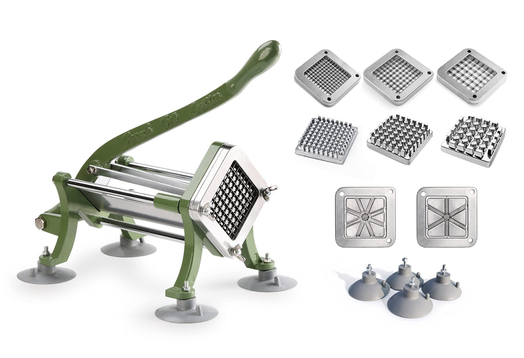 New Star Foodservice Commercial Grade French Fry Cutter with Complete Combo Sets, Die Cast Iron and 18/8 Stainless Steel, 1/4-Inch, 3/8-Inch, 1/2-Inch, 6-Wedge, and 8-Wedge Replacement Blades