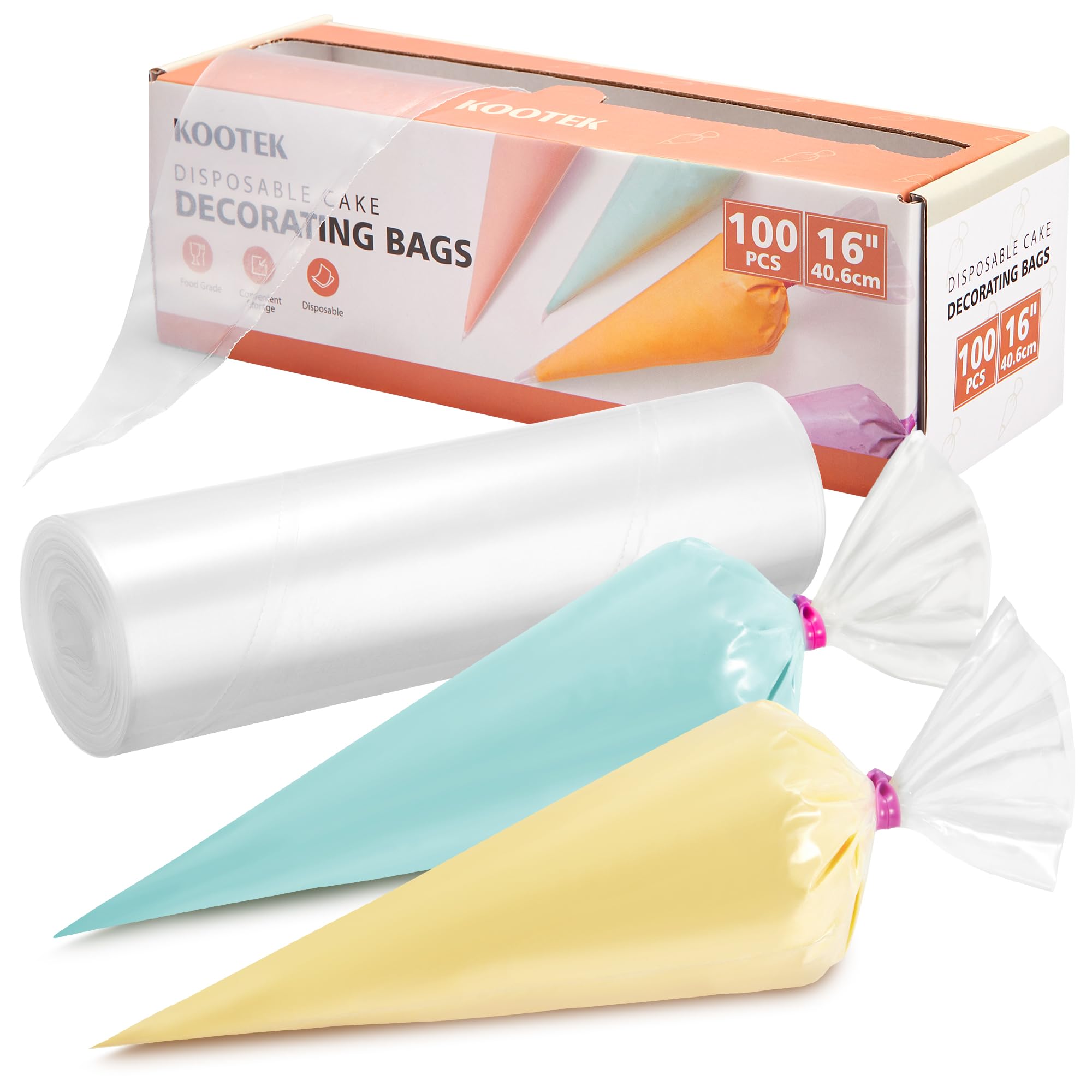 Kootek 16" Piping Bags (100Pcs), Disposable Pastry Bags Anti Burst Icing Frosting Bag Thick Cake Decorating Bags for Cookie, Cupcake, Candy, Baking Supplies Tools