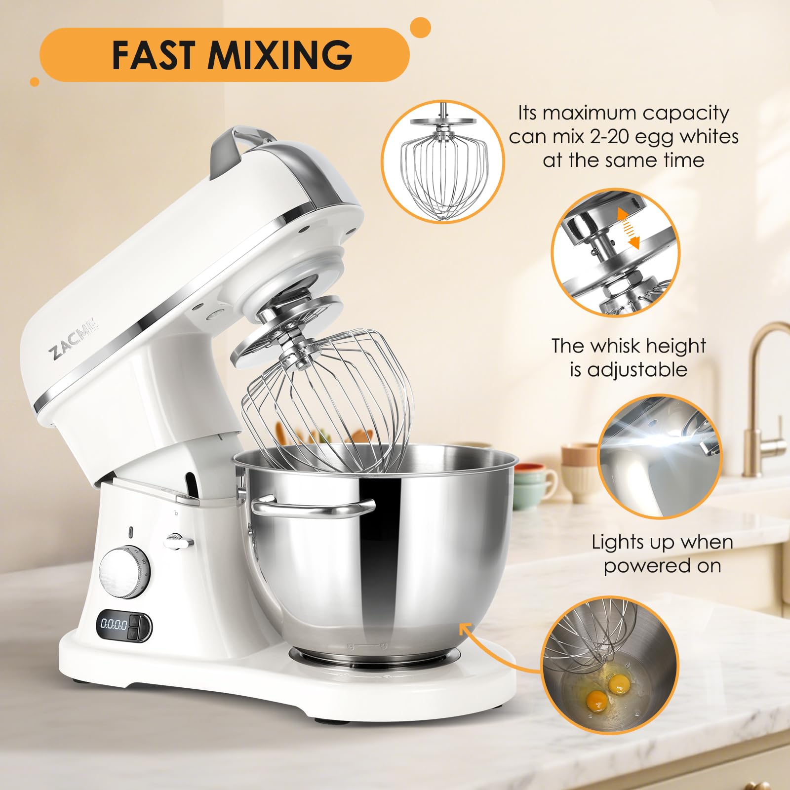 ZACME 8.4QT Commercial Stand Mixer 800W with Aluminum Die Casting Meets the Standard of NSF/ANSI 8-2023, Mixers Kitchen Electric Stand Mixer with Stainless Steel 8L Bowl, Dough Hook, Whisk and Beater
