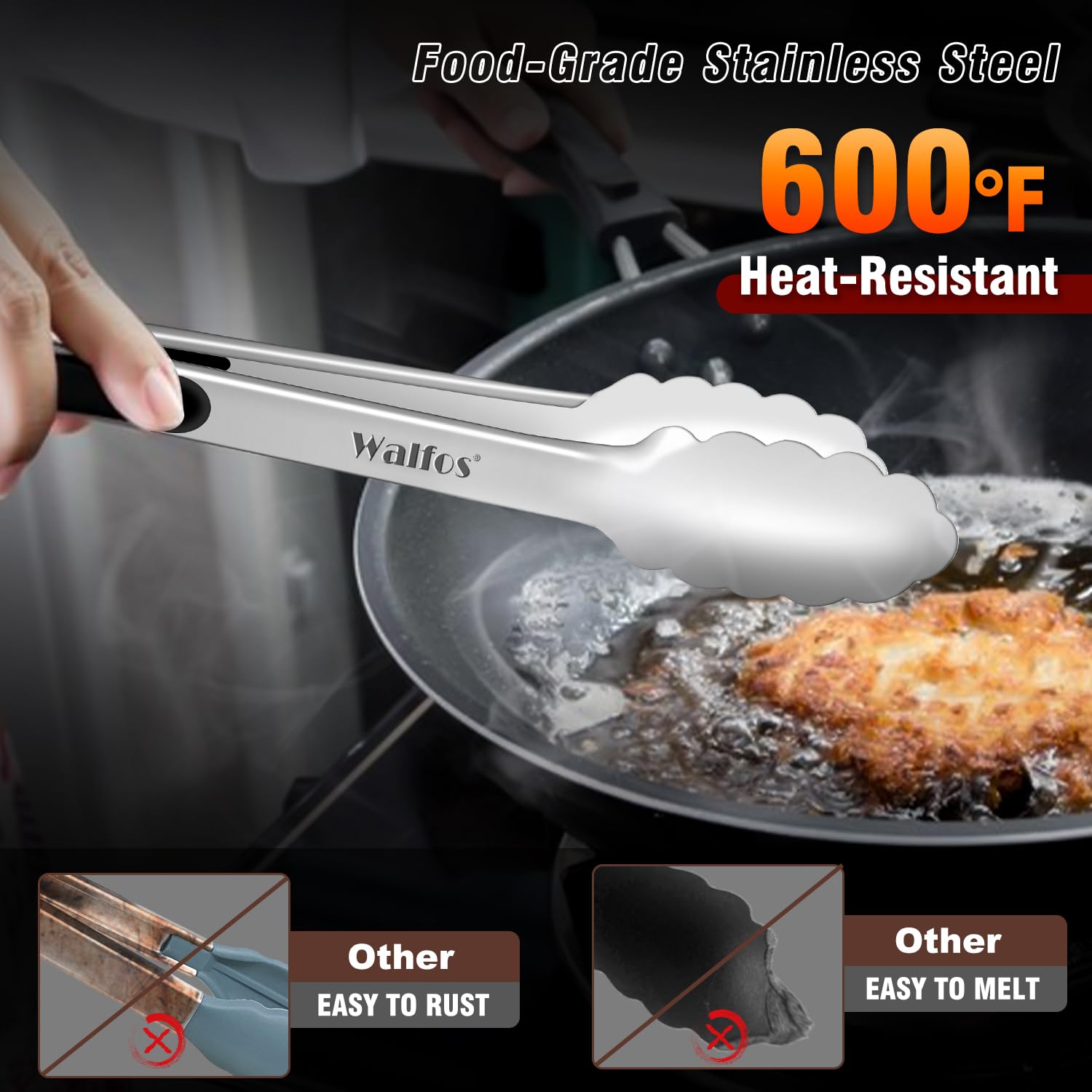 Walfos Stainless Steel Kitchen Tongs for Cooking, BBQ - 7 ，9, 12 and 14 Inch,Set of 4 Heavy Duty Locking Metal Food Tongs Non-Slip Grip