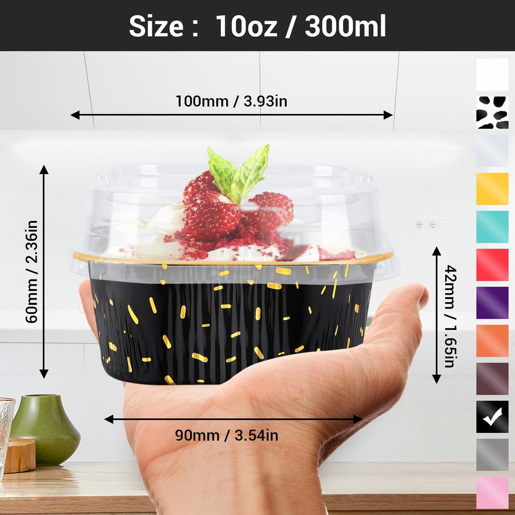 EUSOAR Baking Pans with Lids, 100pcs 10oz/300ml Aluminum Foil Ramekins Disposable Containers, Square Creme Brulee Cups Cupcake Liners Muffin Cup Mini Cake Loaf Bread Holders for Birthday Wedding