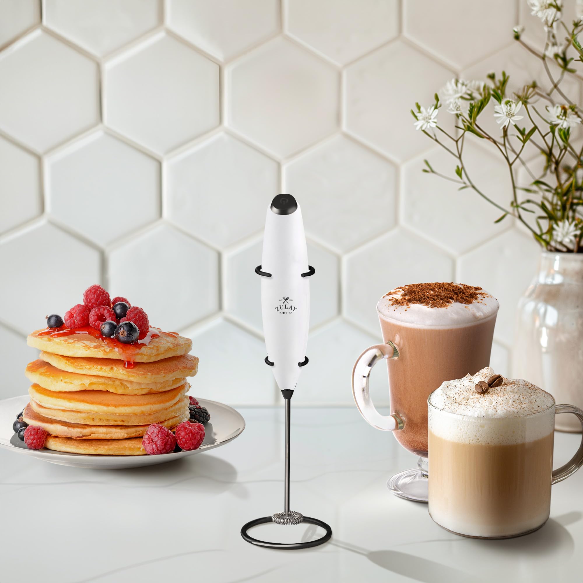 Zulay Kitchen Powerful Milk Frother Wand With Duracell Batteries - Ultra Fast Handheld Drink Mixer - Electric Whisk Foam Maker for Coffee, Lattes, Cappuccino & Matcha - Z1 Motor - White & Black