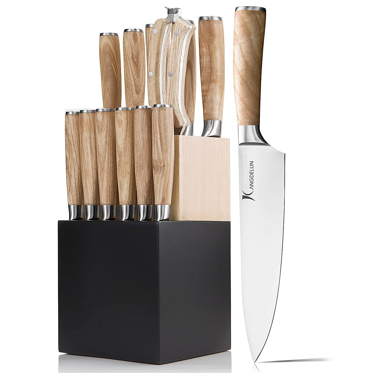 Kangdelun Ultra Sharp 14-Piece Kitchen Knife Set, High Carbon Stainless Steel Blades, Torrefied Natural Wood Handles, Ergonomic Design, Space-Saving White-Finished Wood Block, Easy Hand Wash, Gift Box