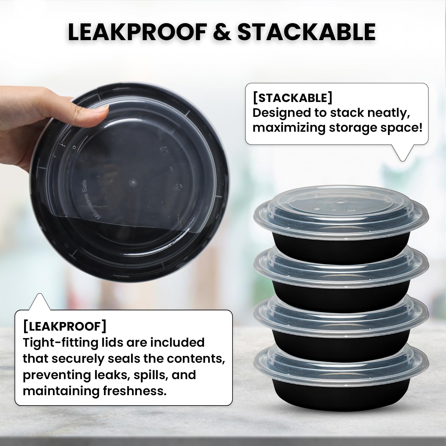 Klex 48 Oz, 150 Sets Meal Prep Containers with Airtight Lids, BPA Free, Reusable Plastic Food Container, 48 oz, Round, Black/Clear, 150 Sets