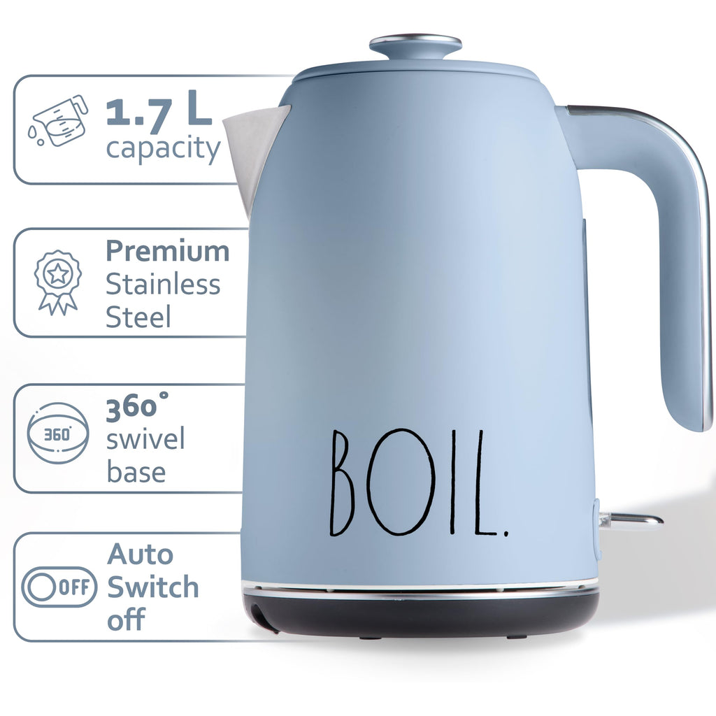 Rae Dunn Electric Hot Water Kettle - Stainless Steel Coffee Maker, Tea Kettle, Swivel Base, With Automatic Shut Off Boil-Dry Protection, Easy Pour, 1500 Watt Boiling Power, 1.7 Liters, Baby Blue
