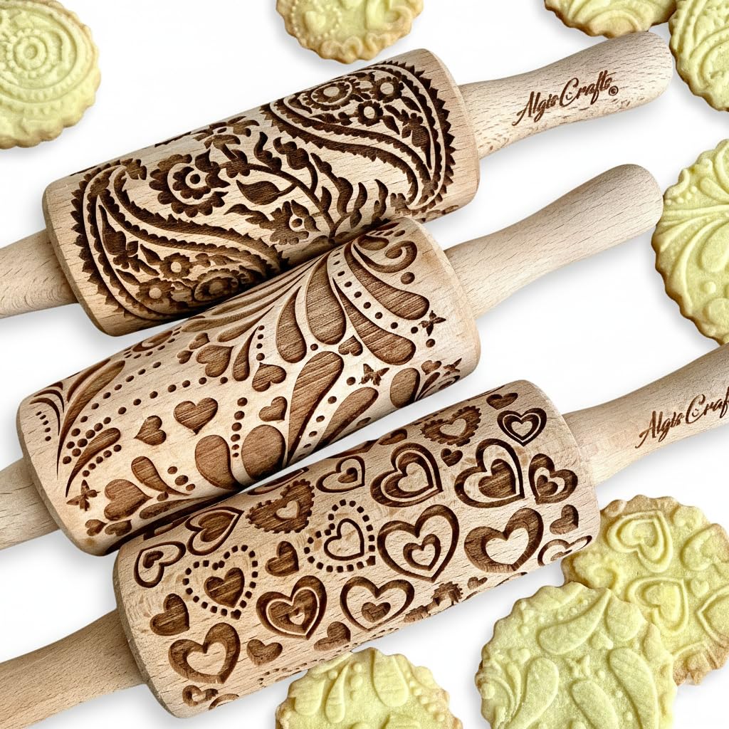 SEASONS 3 Mini Embossed Rolling Pin Set. Wooden Laser Cut Mini Rolling Pins for cookies or clay with spring flowers, tulips, daffodils, strawberries, raspberries, birch, trees by Algis Crafts