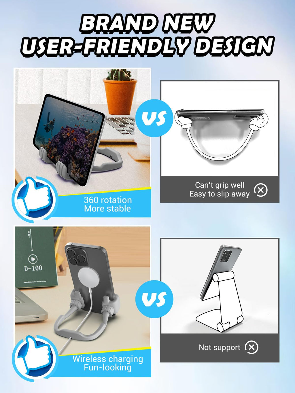 Stocking Stuffers for Teens Boys Girls Cell Phone Stand: Upgrade Adjustable Thumbs Up Lazy Phone Holder for Desk Fun Birthday Gifts for Grandma Adults Husband from Wife (Grey, 1)