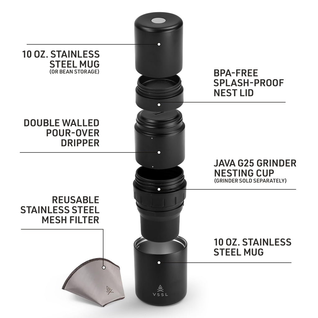 VSSL - Nest Pour Over Coffee Kit | Coffee Maker for Camping | All-In-One Travel Pour Over | Transportable Dripper, Two 10oz Stainless Steel Travel Mugs | Compact Storage & Adventure Ready | Black