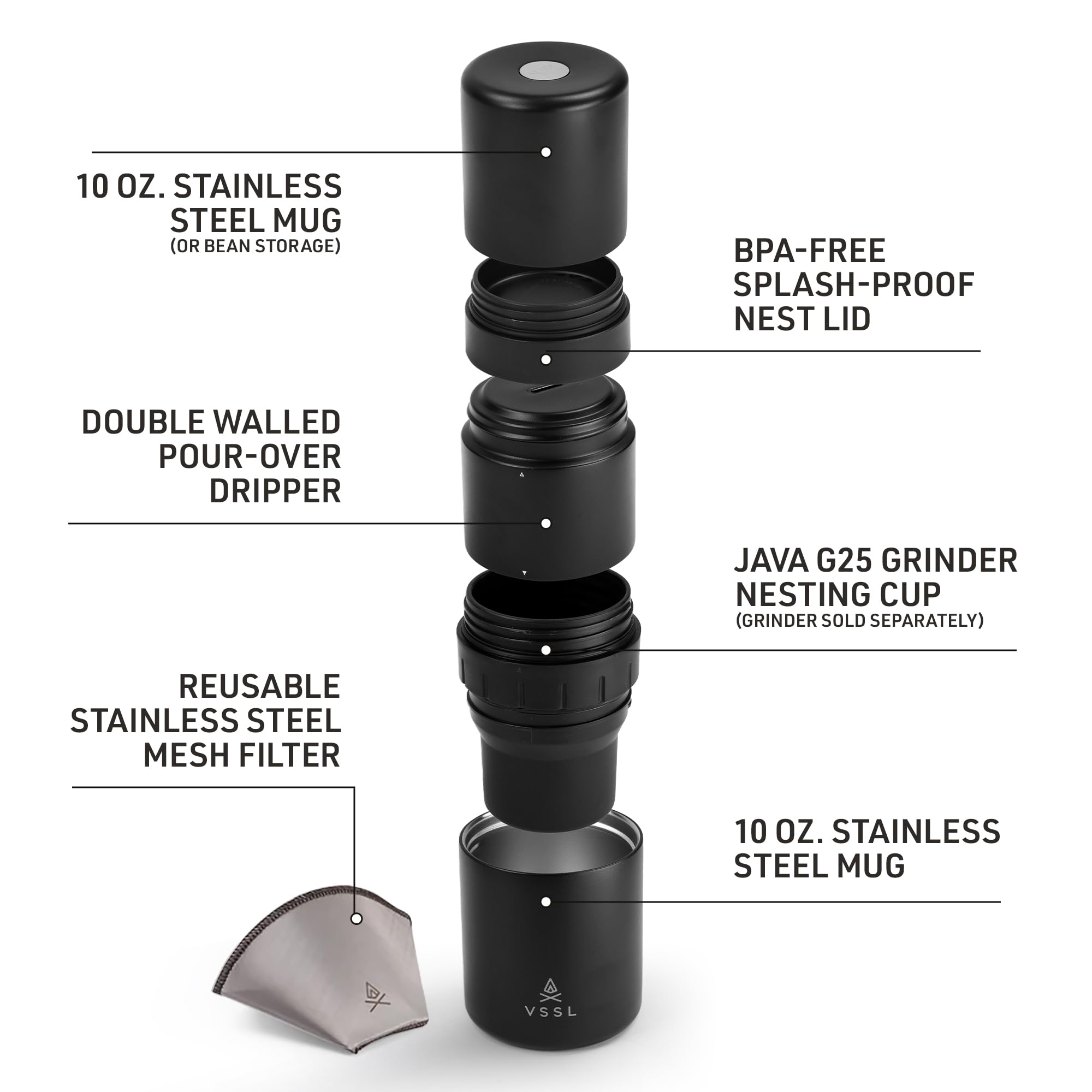 VSSL - Nest Pour Over Coffee Kit | Coffee Maker for Camping | All-In-One Travel Pour Over | Transportable Dripper, Two 10oz Stainless Steel Travel Mugs | Compact Storage & Adventure Ready | Black