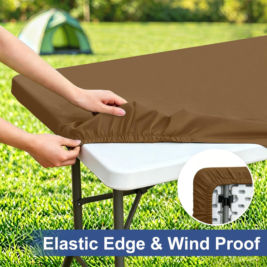 homing Rectangle Table Cloth Cover, Water-Resistant Polyester Elastic Fitted Tablecloth, Fits for 4 Foot Folding Tables, Washable Table Protector for Picnic, Camping, Outdoor (Brown, 24" x 48")