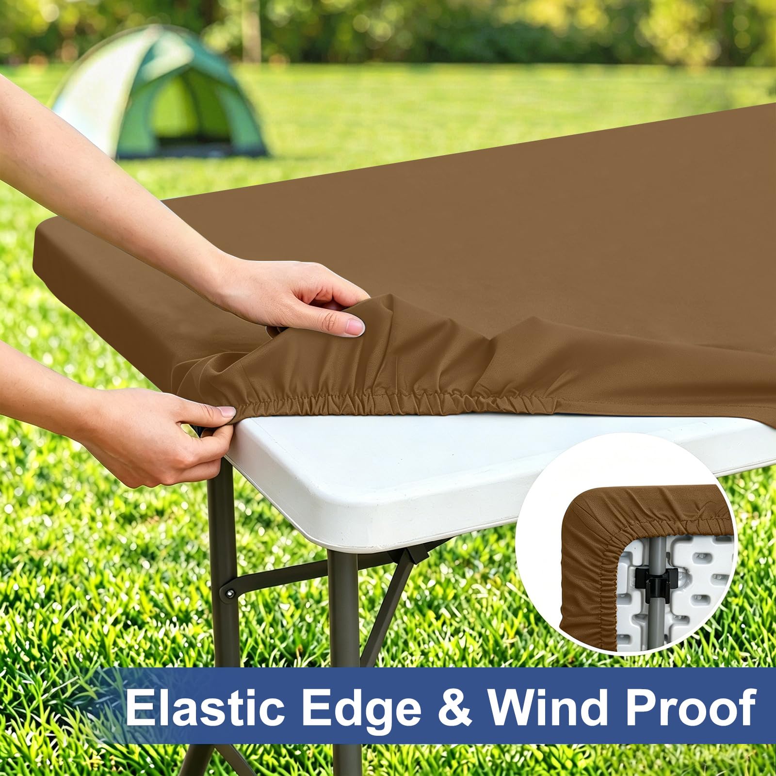 homing Rectangle Table Cloth Cover, Water-Resistant Polyester Elastic Fitted Tablecloth, Fits for 6 Foot Folding Tables, Washable Table Protector for Picnic, Camping, Outdoor (Brown, 30" x 72")