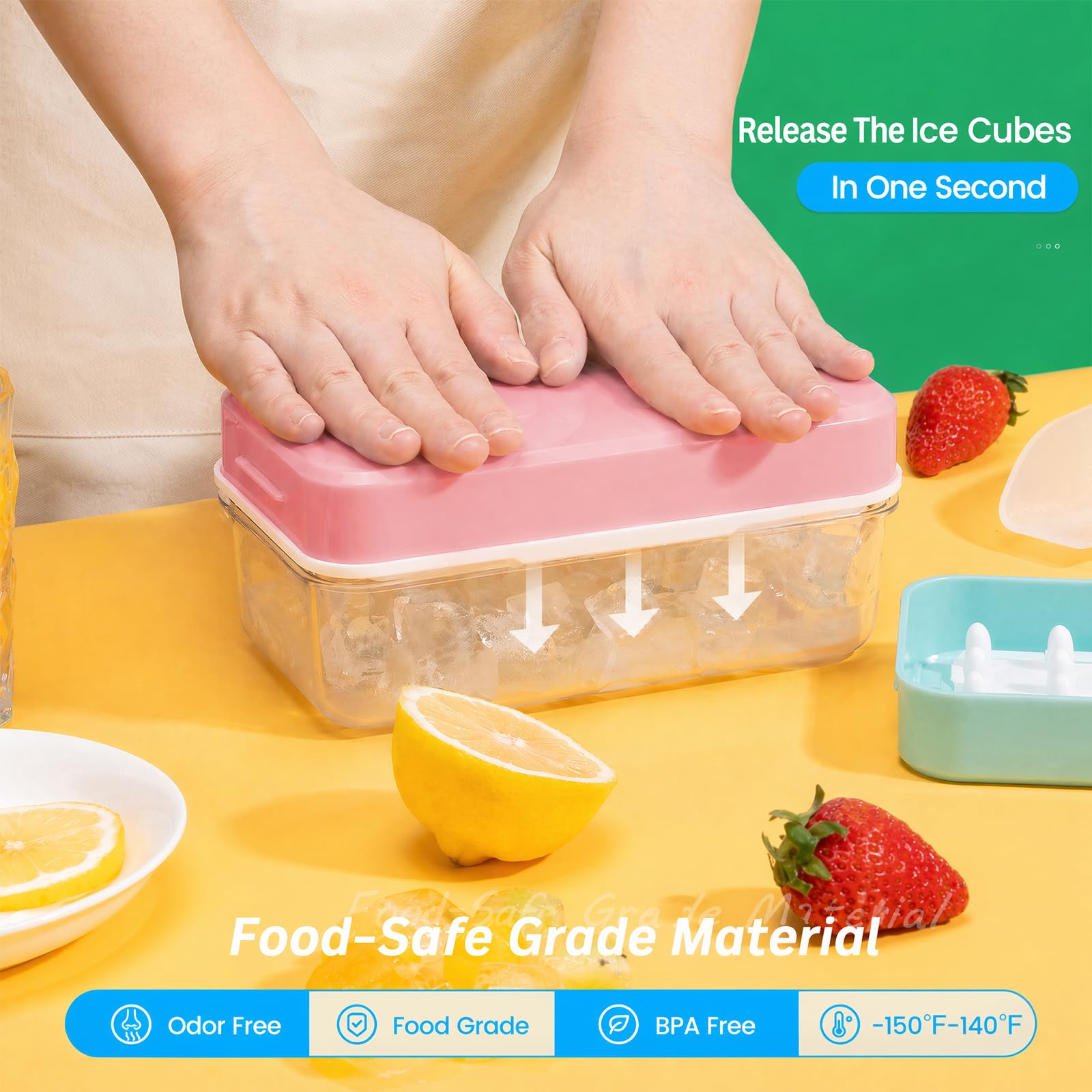 0.8“ Ice Cube Tray with Lid and Bin, PHINOX 84 Cubes Ice Trays for Freezer, Ice Cube Trays for Freezer with 3 trays, Container, Lid & Ice Scoop, BPA Free, Pink(28Cubes/Tier)