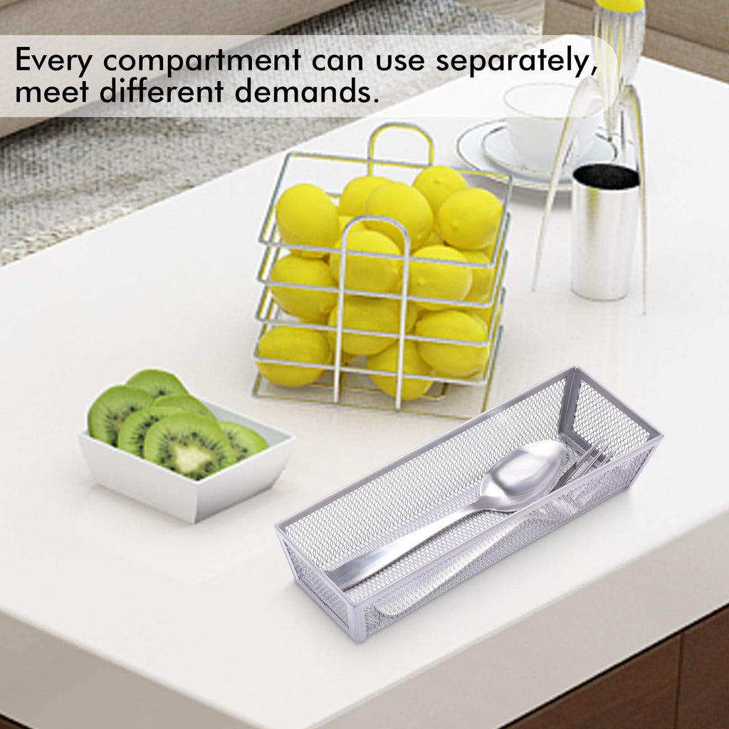 WuGeShop Mesh Silverware Tray Drawer Organizer, Kitchen Utensils Flatware with Anti-slip Mats, Silverware Storage Cutlery Tray for Knives Fork Spoon (5 Separate Compartments, Silver)