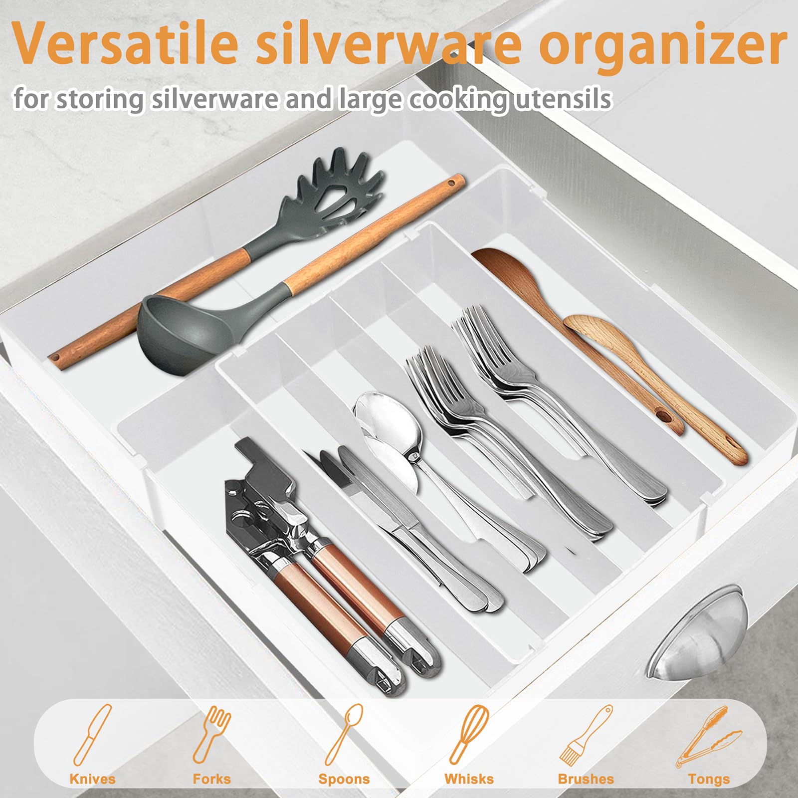 Homecor Silverware Drawer Organizer - Expandable Drawer Organizer for Kitchen, Utensil Holder BPA Free Flatware and Cutlery Tray for Spoons Forks Knives, Plastic Kitchen Organizer and Storage, White