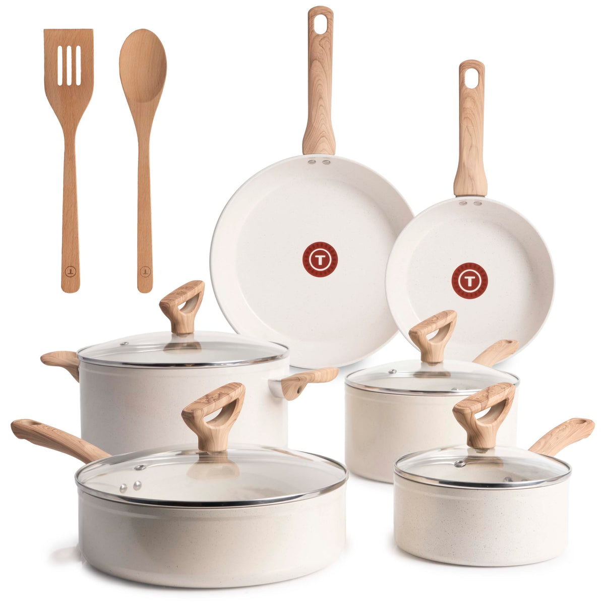T-Fal Revive Ceramic Nonstick Pots and Pans Set, 12-Piece, Beige Granite