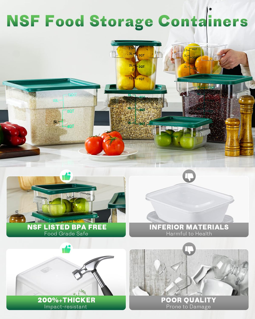 RVGMBO 2QT&4QT NSF Food Storage Containers with Lids: 4 PCS [Total Food Grade][Hot&Cold Resistant] Commercial Clear Food Storage Containers for Restaurant Kitchen Proof Dough, Green