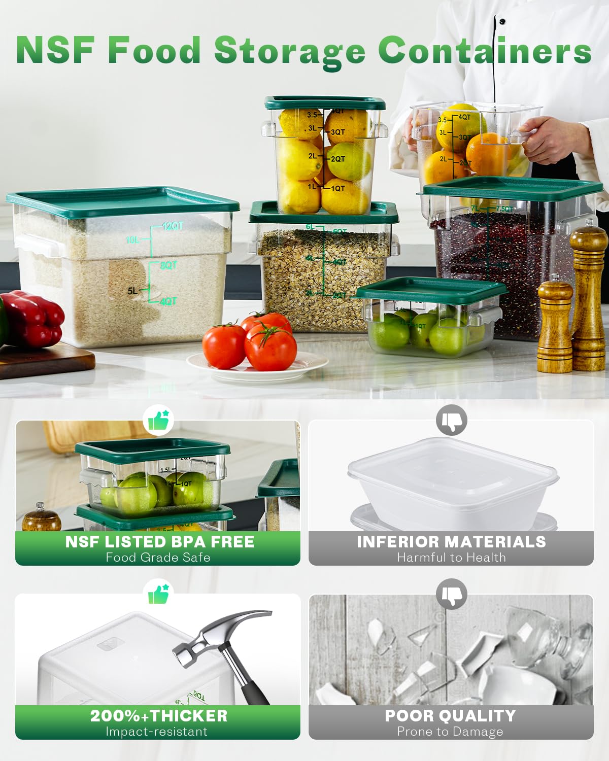 RVGMBO 2QT&4QT NSF Food Storage Containers with Lids: 4 PCS [Total Food Grade][Hot&Cold Resistant] Commercial Clear Food Storage Containers for Restaurant Kitchen Proof Dough, Green