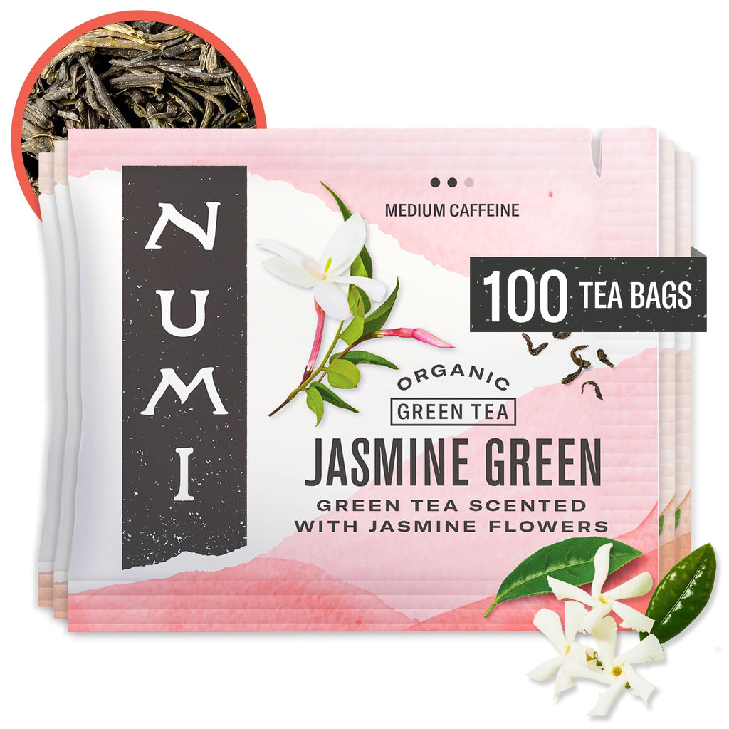 Numi Organic Jasmine Green Tea, 54 Green Tea Bags with Real Jasmine Flowers