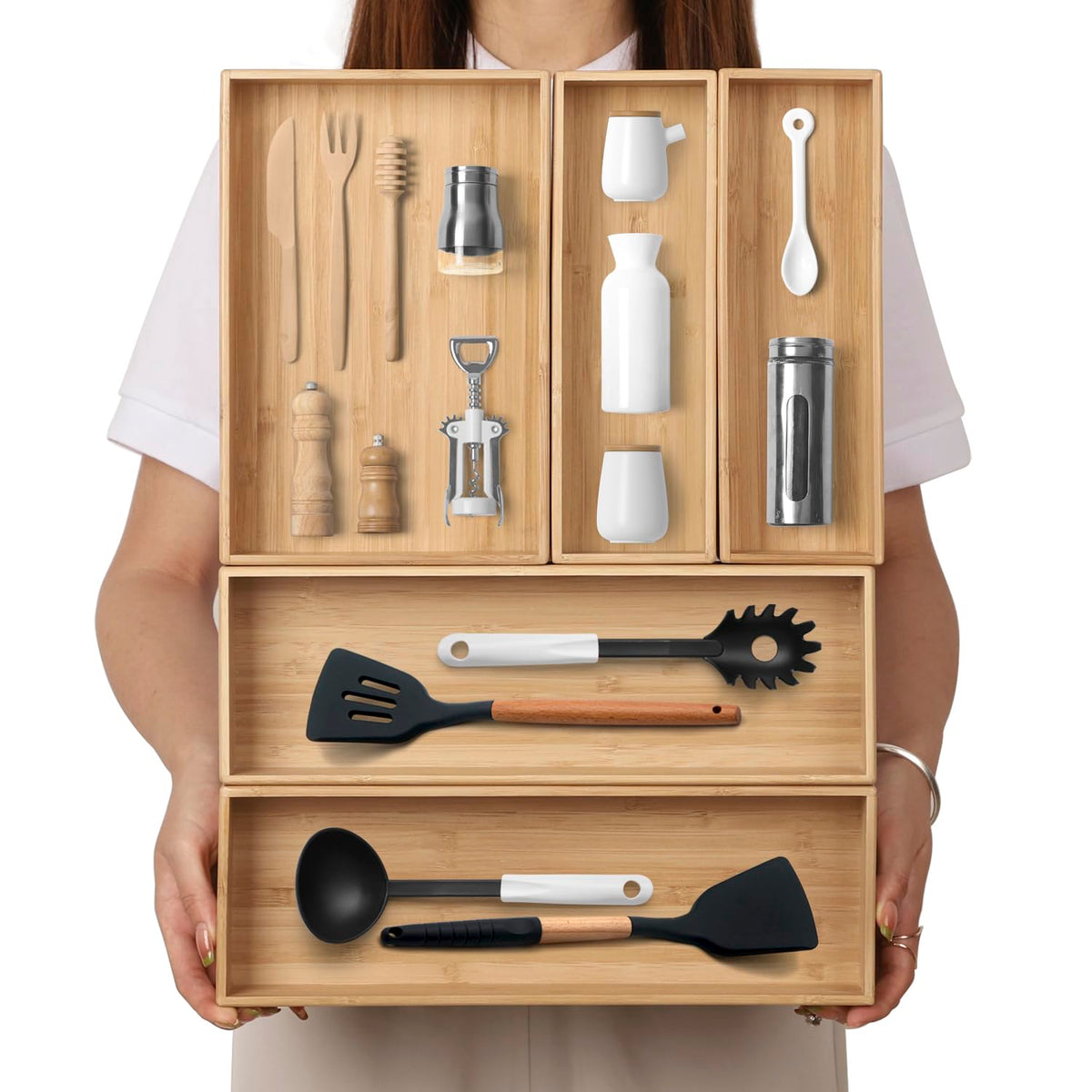 BAMOTTO CRAFTBAMBOO Expandable Bamboo Drawer Organizer for Kitchen, 8 Slot