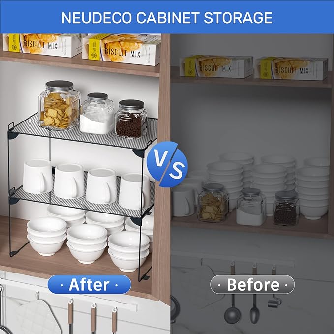 Neudeco Stackable Cabinet Shelf Organizer - 2 Pack Metal Mesh Stacking Shelves for Kitchen, Closet, Bathroom, Countertop and Cabinet -Gray