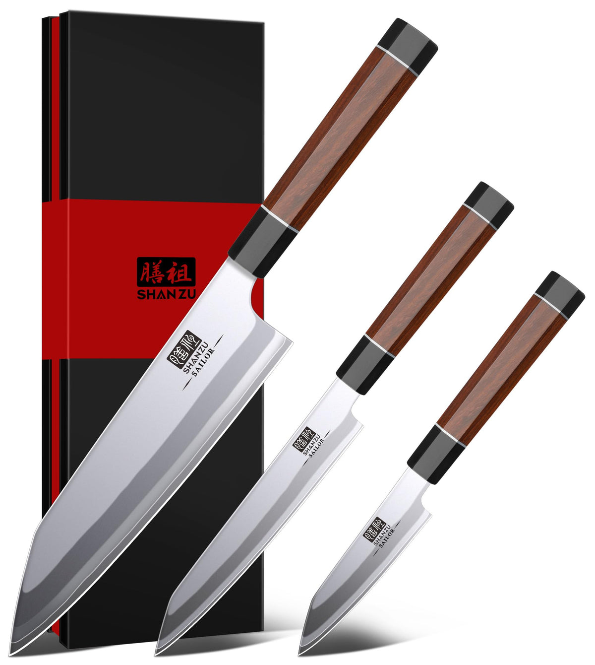 SHAN ZU 3PCS Japanese Knife Set, 9 Layers 10Cr15MoV High Carbon Steel