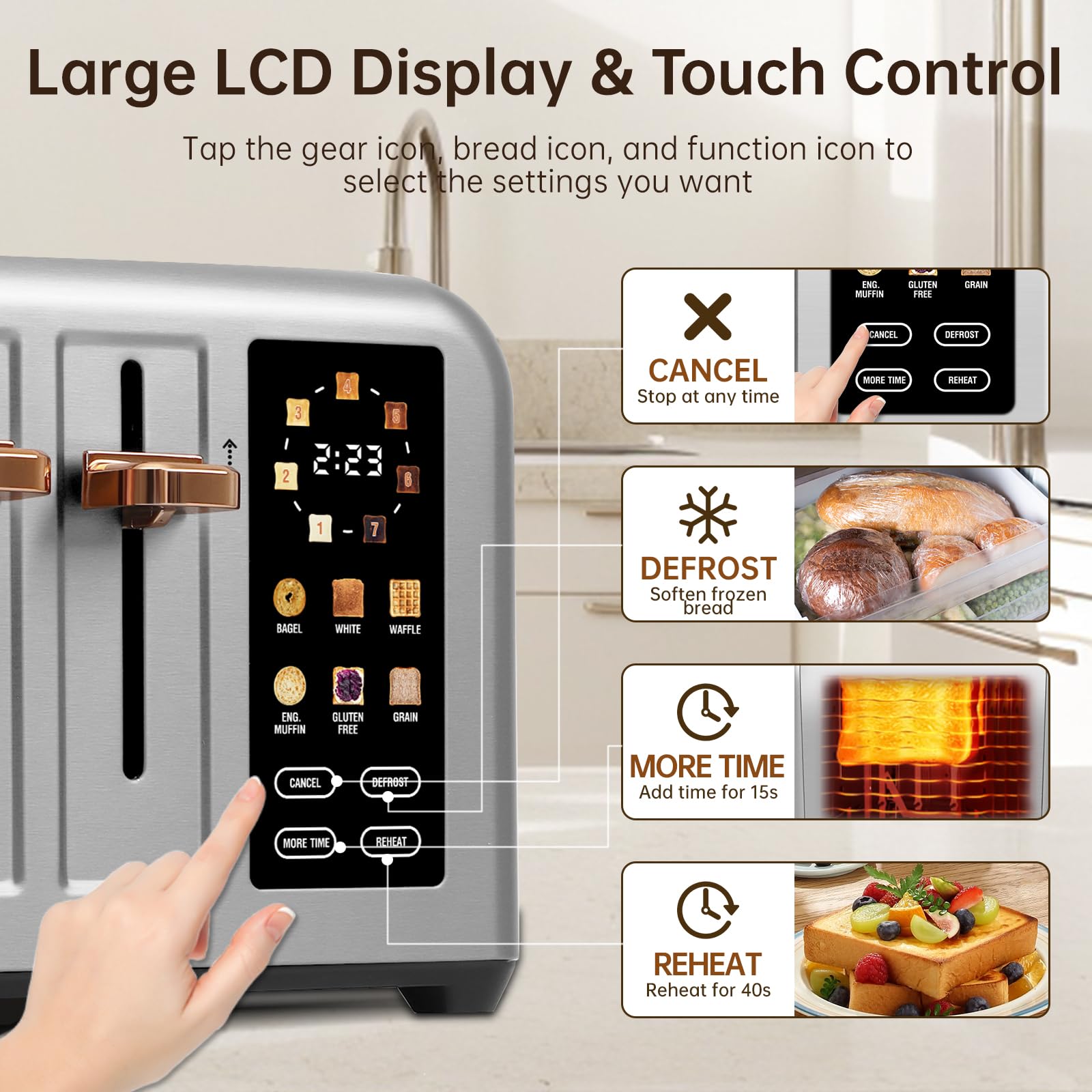 SEEDEEM 4-Slice Touchscreen Toaster, Stainless, 7 Shade, 1800W, Silver